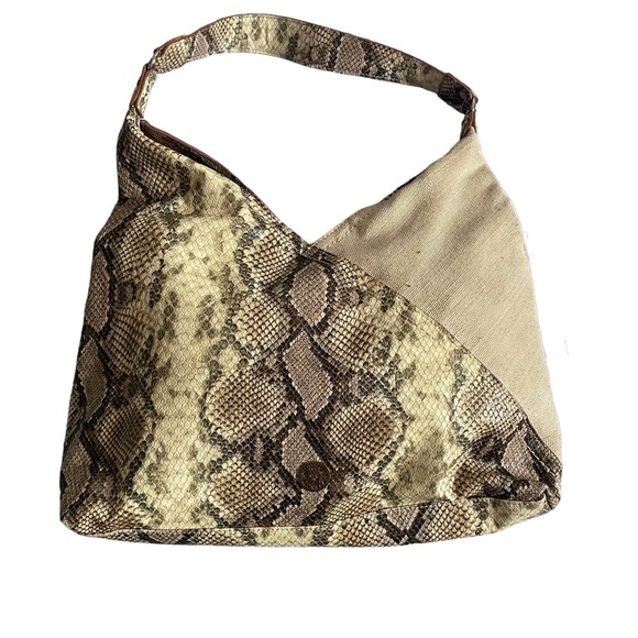 Ann Klein Canvas and Snake print faux leather hobo bag beige neutral tones - Picture 3 of 7